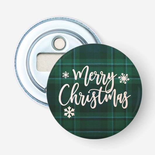 Vrolijk Kerstmis Groen Plaid Button Flesopener (Voorkant)