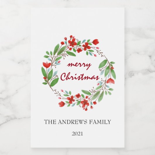 Vrolijk Kerstmis Groen Rood Krans Mini Wijn Etiket (Enkel label)