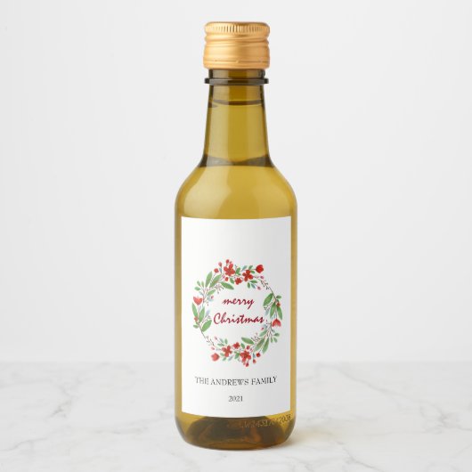 Vrolijk Kerstmis Groen Rood Krans Mini Wijn Etiket (Voorkant)