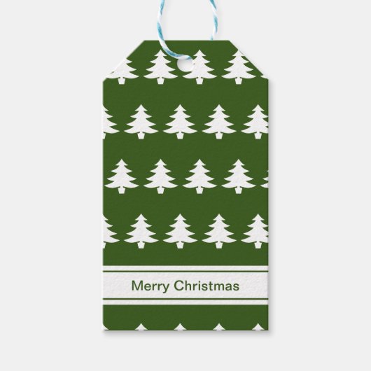 Vrolijk Kerstmis Groen Wit Kerstbomen & Naam Cadeaulabel (Voorkant)