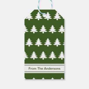 Vrolijk Kerstmis Groen Wit Kerstbomen & Naam Cadeaulabel