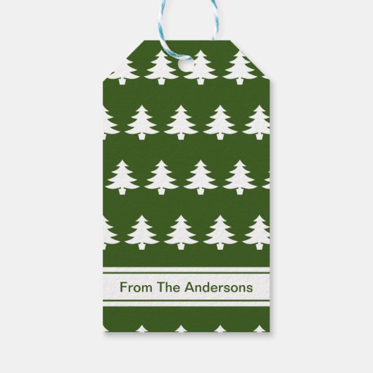Vrolijk Kerstmis Groen Wit Kerstbomen & Naam Cadeaulabel (Achterkant)