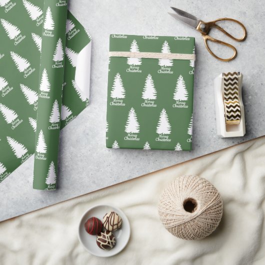 Vrolijk Kerstmis Groen & Witte Kerstboom Cadeaupapier (Crafts)