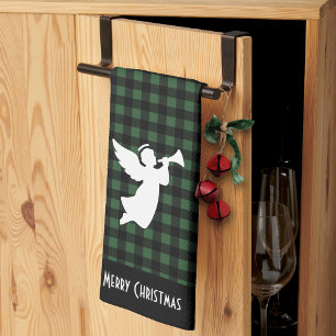 Vrolijk Kerstmis Groen & Zwart Buffalo Plaid Engel Theedoek