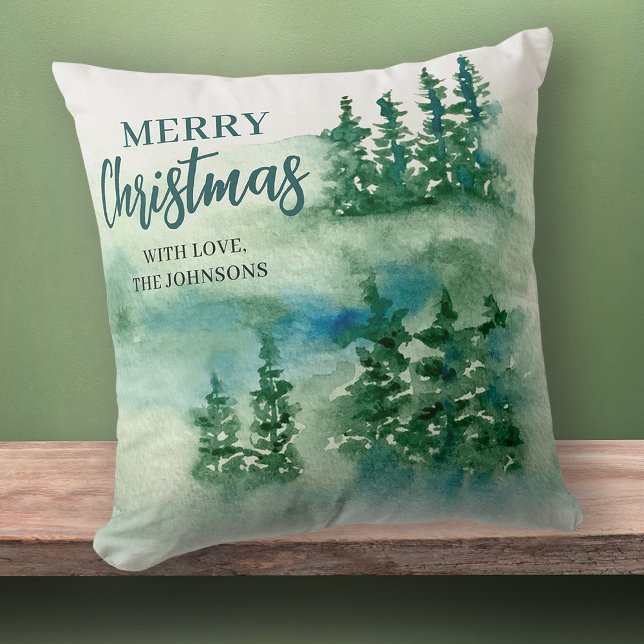 Vrolijk Kerstmis Groene Bos Bomen Gift Kussen (Stylishly Personalize with Your Custom Name & Year)