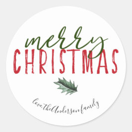 Vrolijk kerstmis hand belettering waterverf holly ronde sticker