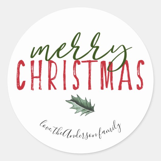 Vrolijk kerstmis hand belettering waterverf holly ronde sticker (Voorkant)