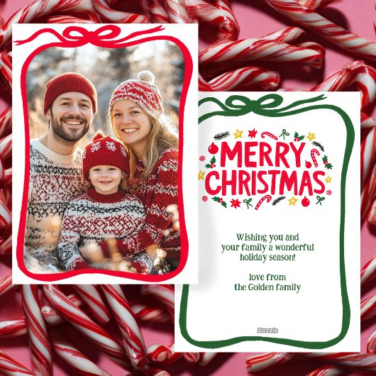 Vrolijk Kerstmis Hand-getrokken Bow CUSTOM FOTO Feestdagenkaart