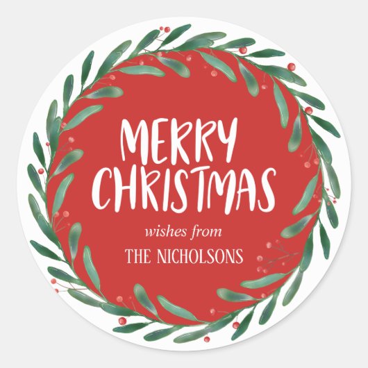 Vrolijk Kerstmis Handgeschreven Script | Krans | R Ronde Sticker (Voorkant)