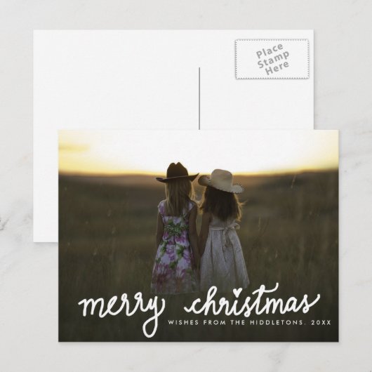 Vrolijk Kerstmis Handgeschreven Wit Script Foto Feestdagenkaart (Voorkant / Achterkant)