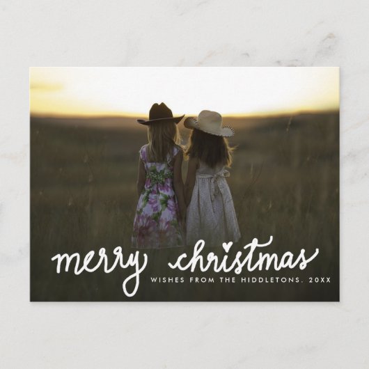 Vrolijk Kerstmis Handgeschreven Wit Script Foto Feestdagenkaart (Voorkant)