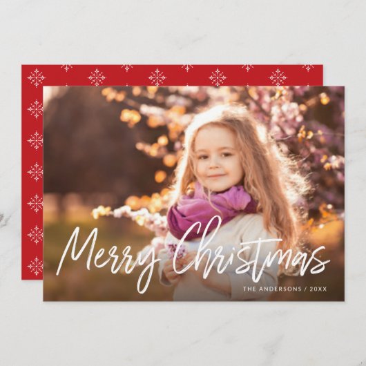 Vrolijk Kerstmis Handgeschreven Wit Script Foto Feestdagenkaart (Voorkant / Achterkant)