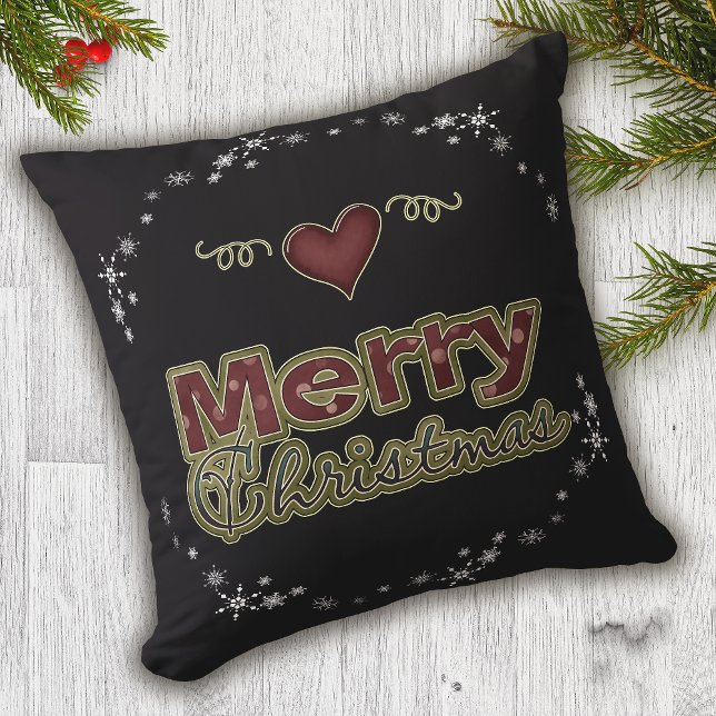 Vrolijk Kerstmis Hart Sneeuwvlok Zwart Kussen (Creator heeft geüpload)
