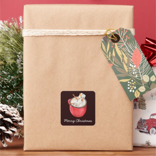 Vrolijk Kerstmis Heet Cacao Marshmallow Sneeuwman Vierkante Sticker (Feestdagen)