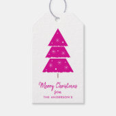 Vrolijk Kerstmis Heet Roze Kerstboom Sneeuwvlokken Cadeaulabel (Voorkant)