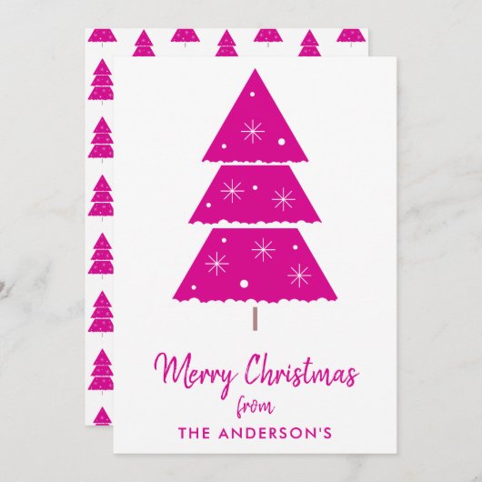Vrolijk Kerstmis Heet Roze Kerstboom Sneeuwvlokken Feestdagenkaart (Voorkant / Achterkant)