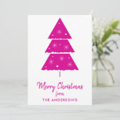 Vrolijk Kerstmis Heet Roze Kerstboom Sneeuwvlokken Feestdagenkaart (Staand voorkant)