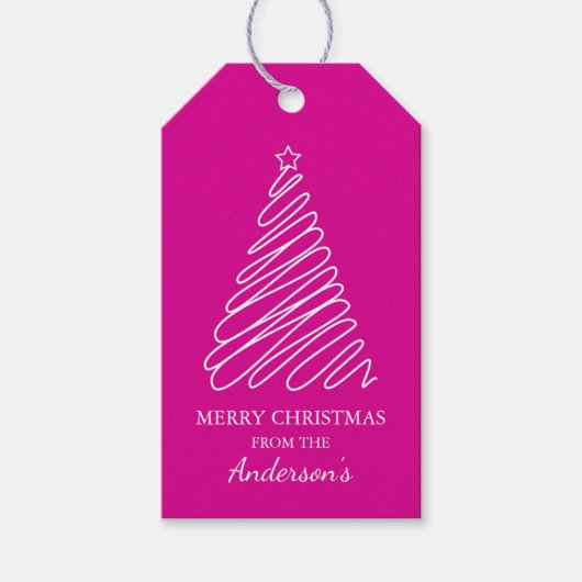 Vrolijk Kerstmis Heet Roze Wit Scribble Tree Cadeaulabel (Voorkant)