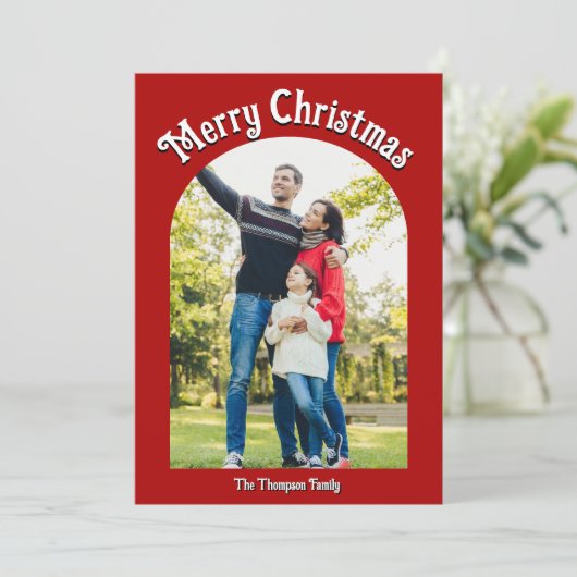 Vrolijk Kerstmis Helder Rood Boog Foto Feestdagenkaart (Staand voorkant)