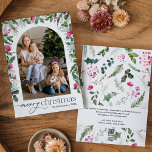 Vrolijk Kerstmis Helder Roze Botanische Boog 1 Fot Feestdagenkaart<br><div class="desc">Dit collectie is voorzien van waterverf felroze bloemblaadjes,  bessen & wintergroen met een moderne en elegante typografie,  met een winterbotanische patroonrug.</div>
