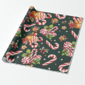 Vrolijk Kerstmis Holly Berries Candy Cane Red Bow Cadeaupapier (Uitgerold)