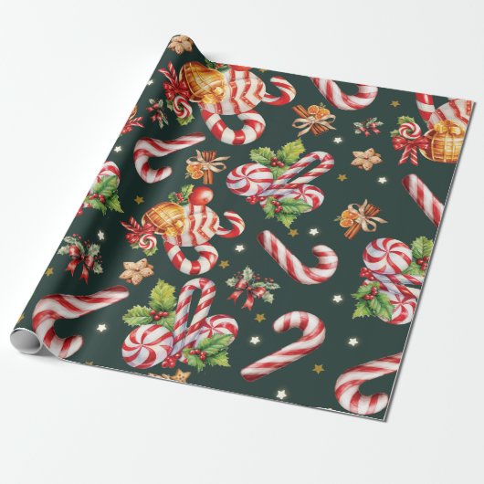 Vrolijk Kerstmis Holly Berries Candy Cane Red Bow Cadeaupapier (Uitgerold)