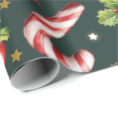 Vrolijk Kerstmis Holly Berries Candy Cane Red Bow Cadeaupapier (Rol Hoek)