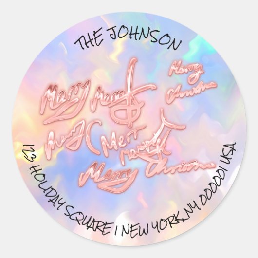 Vrolijk Kerstmis Holografische Roze RSVP Gilry Ronde Sticker (Voorkant)