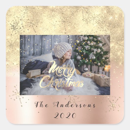 Vrolijk Kerstmis Huid Gouden Sterren Glitter Foto  Vierkante Sticker (Voorkant)