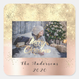 Vrolijk Kerstmis Huid Gouden Sterren Glitter Foto Vierkante Sticker