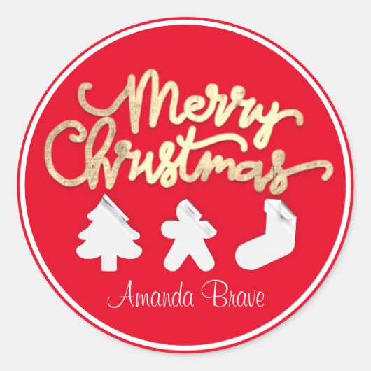 Vrolijk Kerstmis Ingelijste Boom Naam Goud Rood Wi Ronde Sticker (Voorkant)