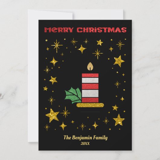 Vrolijk Kerstmis Kaars Sterren Glitter Elegant Feestdagenkaart (Voorkant)