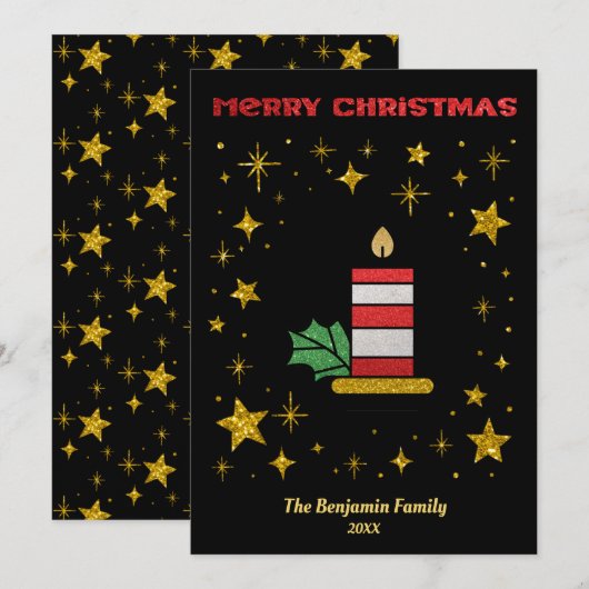 Vrolijk Kerstmis Kaars Sterren Glitter Elegant Feestdagenkaart (Voorkant / Achterkant)