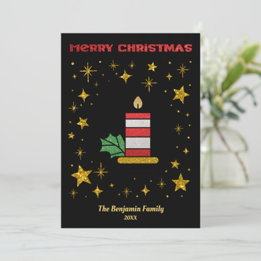 Vrolijk Kerstmis Kaars Sterren Glitter Elegant Feestdagenkaart (Staand voorkant)