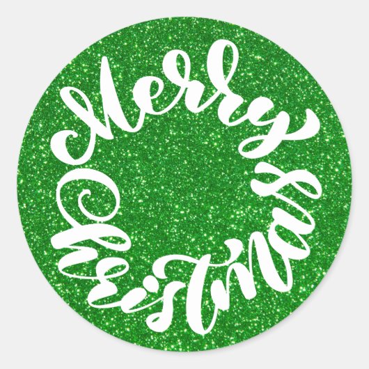 Vrolijk Kerstmis Kalligrafie Groene Glitter Ronde Sticker (Voorkant)
