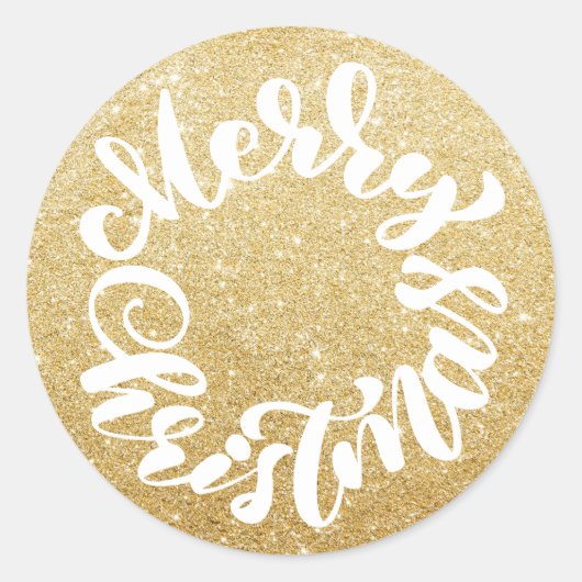 Vrolijk Kerstmis Kalligrafie Krans Goud Glitter Ronde Sticker (Voorkant)