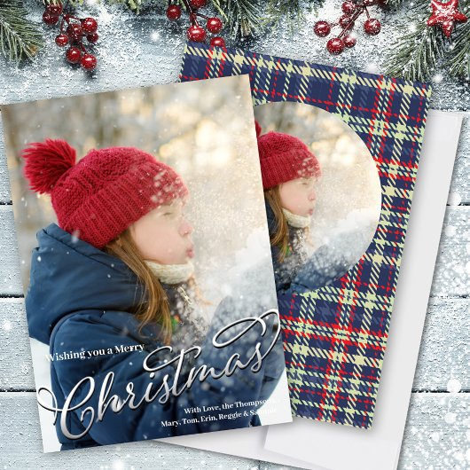 Vrolijk Kerstmis Kalligrafie Navy Blauw Rood Plaid Feestdagenkaart