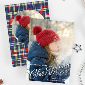 Vrolijk Kerstmis Kalligrafie Navy Blauw Rood Plaid Feestdagenkaart