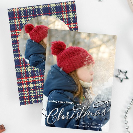 Vrolijk Kerstmis Kalligrafie Navy Blauw Rood Plaid Feestdagenkaart