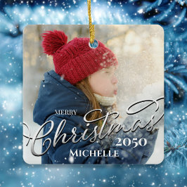 Vrolijk Kerstmis Kalligrafie Navy Blue Plaid Foto Keramisch Ornament