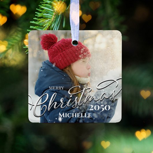 Vrolijk Kerstmis Kalligrafie Navy Blue Plaid Foto Keramisch Ornament