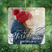 Vrolijk Kerstmis Kalligrafie Navy Blue Plaid Foto Keramisch Ornament