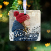 Vrolijk Kerstmis Kalligrafie Navy Blue Plaid Foto Keramisch Ornament