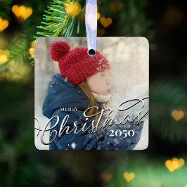 Vrolijk Kerstmis Kalligrafie Navy Blue Plaid Foto Keramisch Ornament