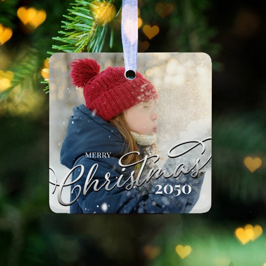 Vrolijk Kerstmis Kalligrafie Navy Blue Plaid Foto Keramisch Ornament