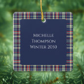 Vrolijk Kerstmis Kalligrafie Navy Blue Plaid Foto Keramisch Ornament