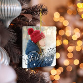 Vrolijk Kerstmis Kalligrafie Navy Blue Plaid Foto Keramisch Ornament