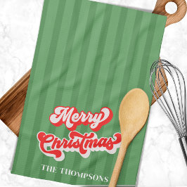 Vrolijk Kerstmis Kalligrafie Retro Stijl Rood Groe Theedoek