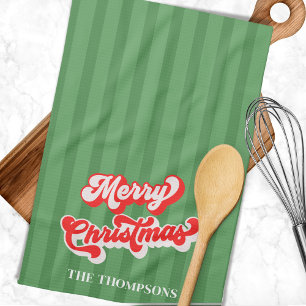 Vrolijk Kerstmis Kalligrafie Retro Stijl Rood Groe Theedoek
