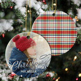 Vrolijk Kerstmis Kalligrafie Rood Groen Plaid Foto Keramisch Ornament